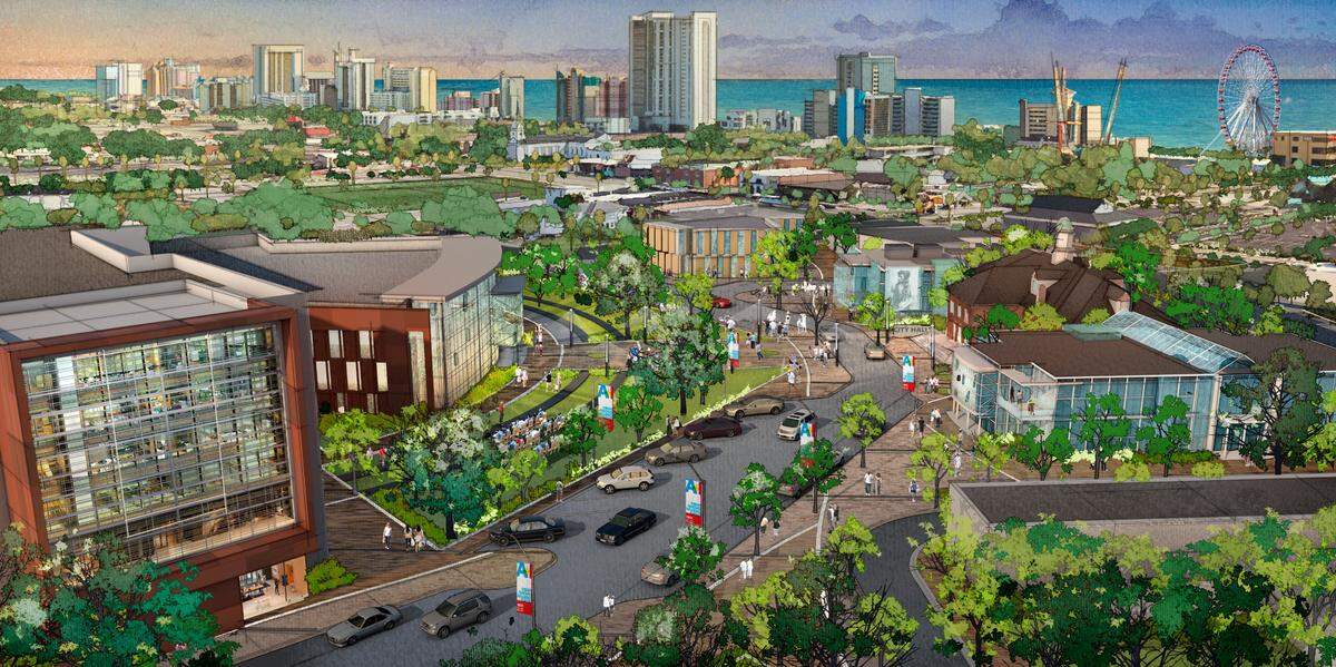 The city envisions a new municipal center that would include municipal courts, police station, city services and a renovated City Hall with a central street creating a ‘campus within a campus’. Illustrations courtesy of the LS3P architecture firm. October 10, 2021.