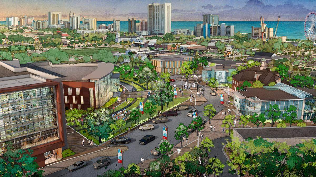 The city envisions a new municipal center that would include municipal courts, police station, city services and a renovated City Hall with a central street creating a ‘campus within a campus’. Illustrations courtesy of the LS3P architecture firm. October 10, 2021.