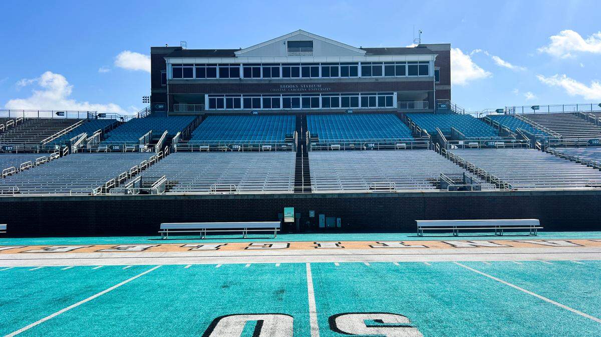 Coastal Carolina University ground keepers perform maintenance on CCU’s fabled teal turf assuring that the synthetic field is safe, playable and looks good for home games. Sept. 30, 2024.