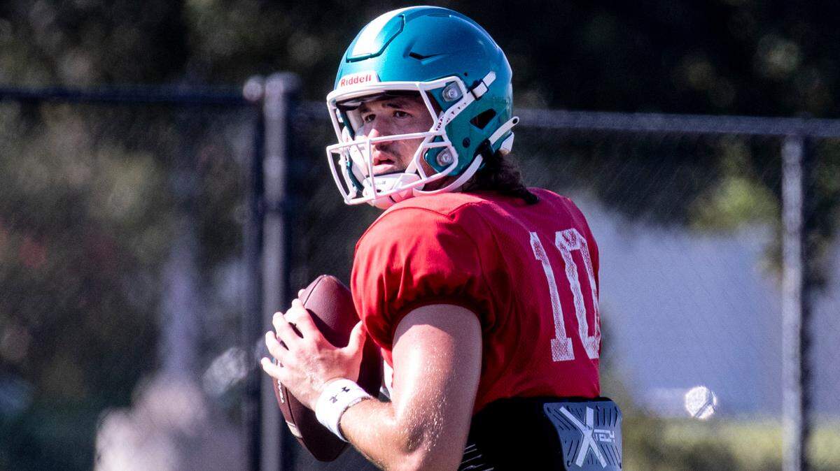 Coastal Carolina’s Grayson McCall during passing drills at practice. The Coastal Carolina football team have begun practice in preparation for their first game of the 2023 season which starts September 2 at UCLA in Pasadena, California. Aug. 9, 2023.