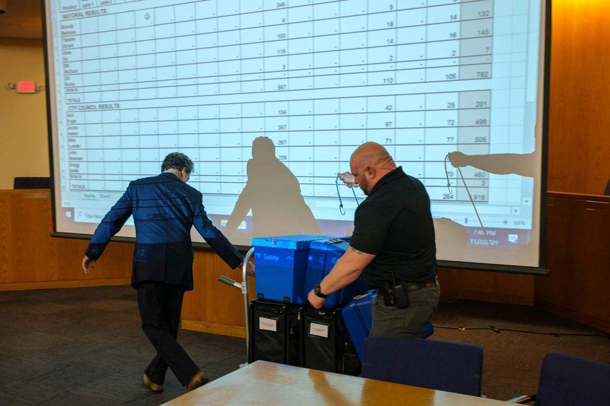 Ballot boxes for the City of Myrtle Beach elections begin coming in to the Law Enforcement Center for counting Tuesday night. Nov. 2, 2021.