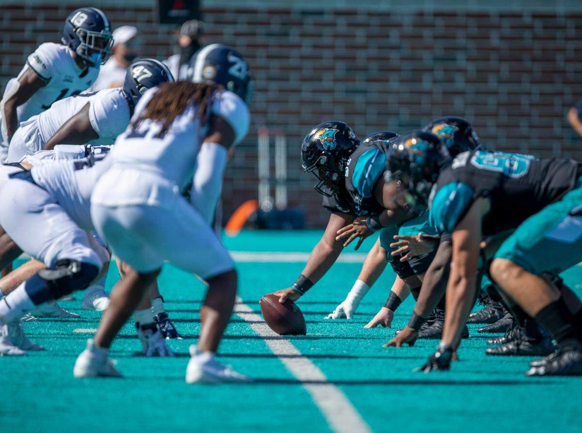 The Coastal Carolina offensive line is prepared for a snap against Georgia Southern on Oct. 24 at Brooks Stadium in Conway in the Chants’ first game as a ranked FBS team. October 24, 2020.