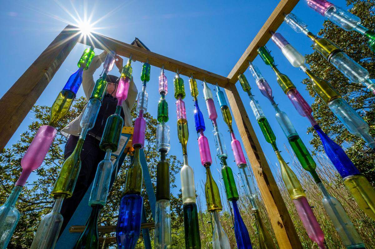 April Schleuning, a staff member at Brookgreen Gardens attaches lights to some of the 835 colored wine bottles that are part of one of the installations for the “Summer Light: Art by Night” series that will begin May 11 at 6p.m. and will continue every Wednesday and Saturday evening until August 13, 2022. The event includes lighting installations throughout the sculpture gardens while live music is performed by various bands throughout the summer. Food and drink will also be available. April 19, 2022.