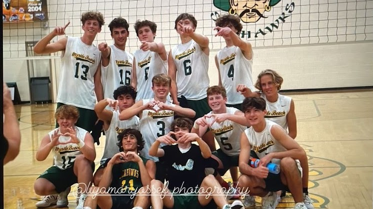 Myrtle Beach High School junior Nick Powell (middle row, second from left) was questioned by police and briefly suspended for allegedly making a gang sign in this photo taken Sept. 7, 2023 after a boys volleyball match. Powell, who is Filipino, was the only one questioned despite other white teammates making similar gestures, intended to portray a half heart.