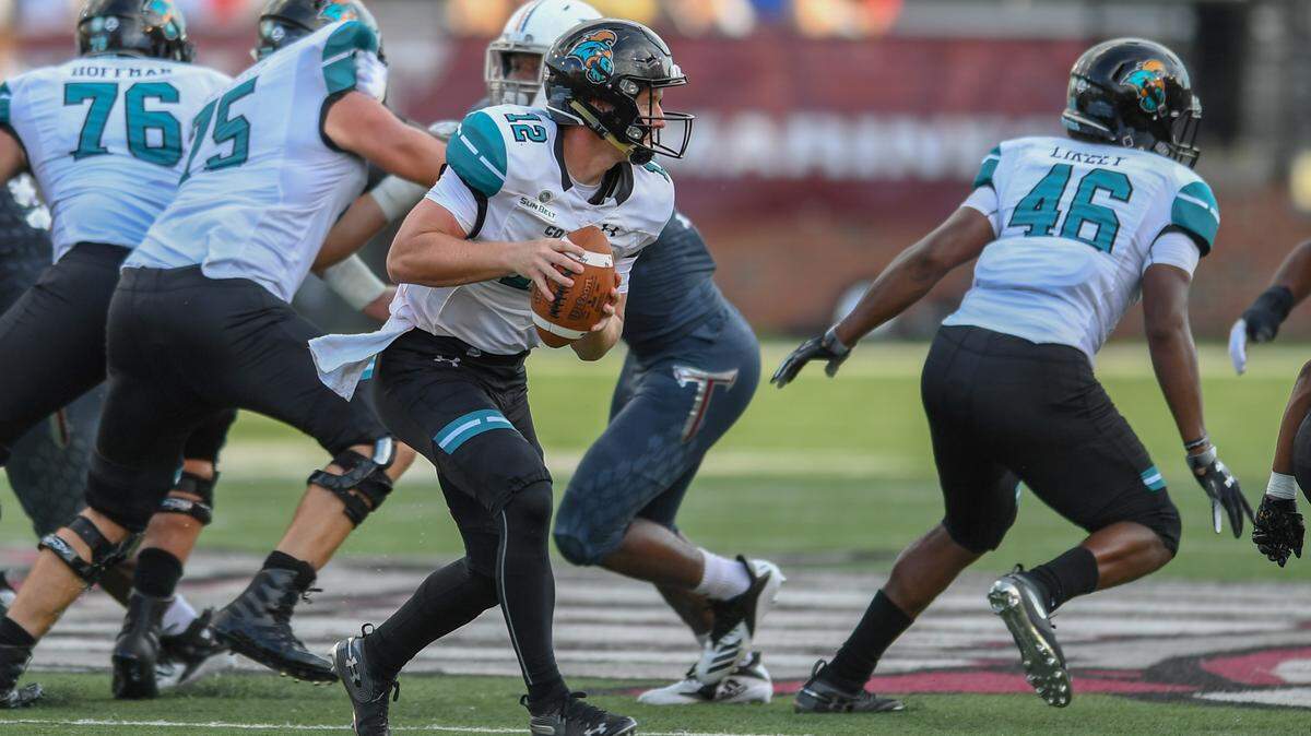 Coastal Carolina freshman quarterback Bryce Carpenter looks to throw against Troy on Sept. 29 Saturday during the Trojans’ 45-21 win at Veterans Memorial Stadium in Troy, Ala. Carpenter will likely start if senior QB Kilton Anderson can’t play because of an ankle injury.