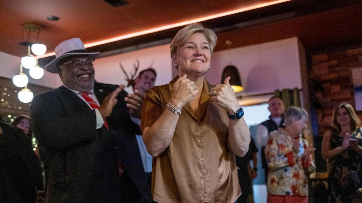 Debbie Conner, center, celebrates on Tuesday, Nov. 7, 2023 at 44th & King after winning a seat on the Myrtle Beach City Council. Behind her is council member Mike Chestnut, who was re-elected. November 7, 2023.
