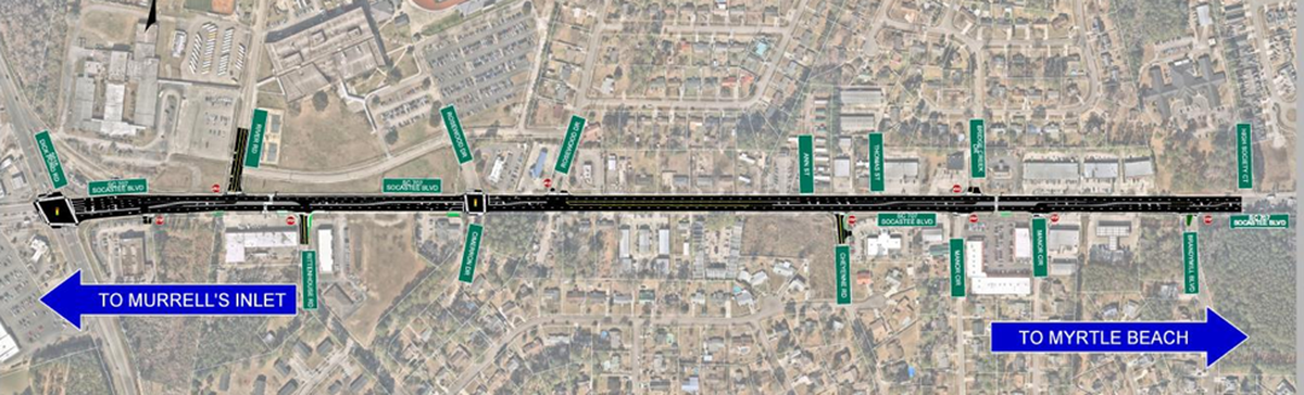 A map of the SC 707 Socastee Boulevard Safety Improvement plan. The South Carolina Department of Transportation identified the road as potentially dangerous for pedestrians and bicyclists. More crosswalks are among other ideas to improve safety.