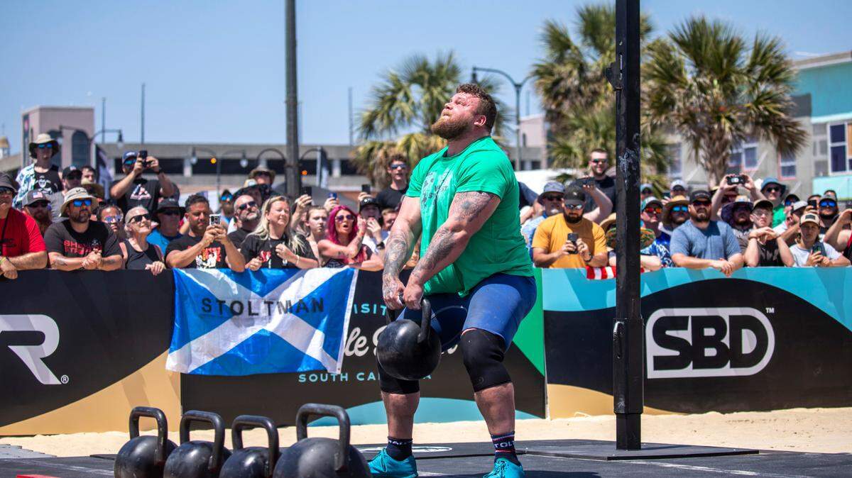Tom Stoltman of Great Britain, the reigning Worlds Strongest Man and two time champion tosses the kettlebell at the Worlds Strongest Man competition being held in Myrtle Beach this weekend with competitors from around the world facing off for the title. The event is being held at the Myrtle Beach Boroughs and Chapin Pavilion Place with Championships being held on Saturday and Sunday April 22 and 23rd, 2023. April 20, 2023.
