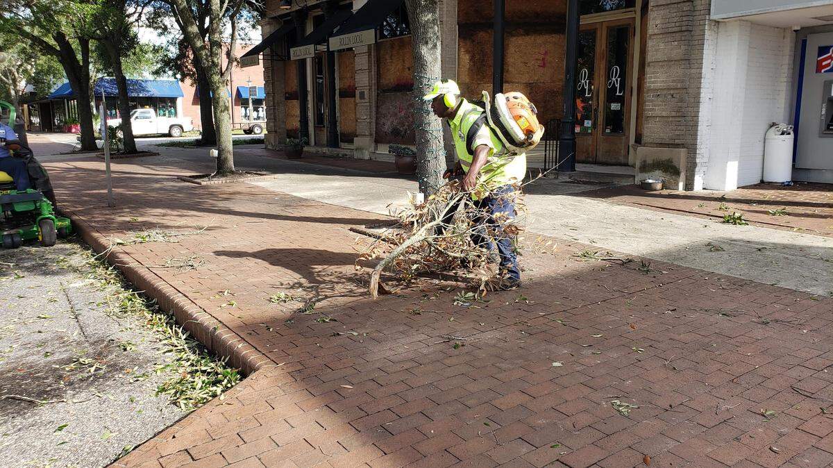 Georgetown City worker Lorenzo Drayton picks up a fallen tree branch on Front Street on Friday morning.