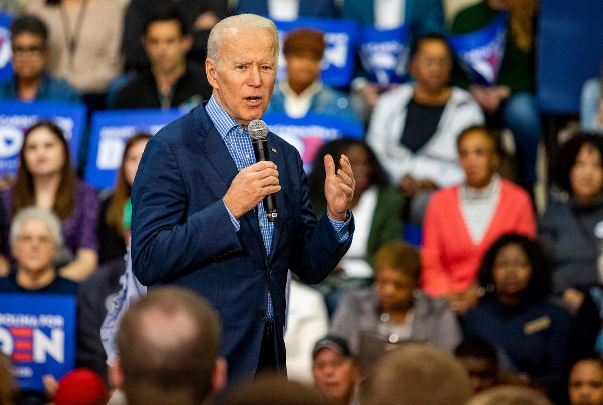 Former U.S. Vice President and 2020 U.S. Democratic presidential candidate Joe Biden speaks to supporters during a town hall at Coastal Carolina University in Conway Thursday evening.