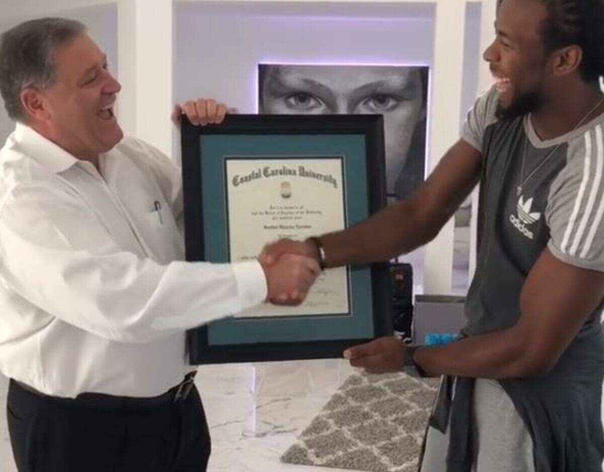 Josh Norman, a Coastal Carolina University alum and NFL player, received an honorary doctorate of public service from the university on June 6, 2018. President David DeCenzo surprised Norman with the honorary degree.