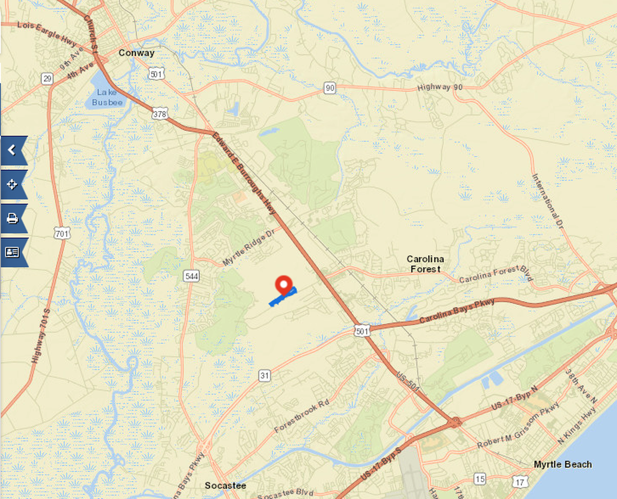 A map showing the location of West Perry Road in Horry County.