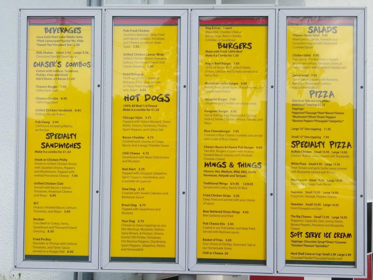 Chasers Pub & Grub menu -