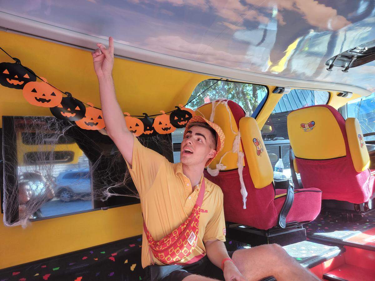 Skies are always blue inside the Wienermobile, but the hot dog also gets special decorations for holidays like Halloween.