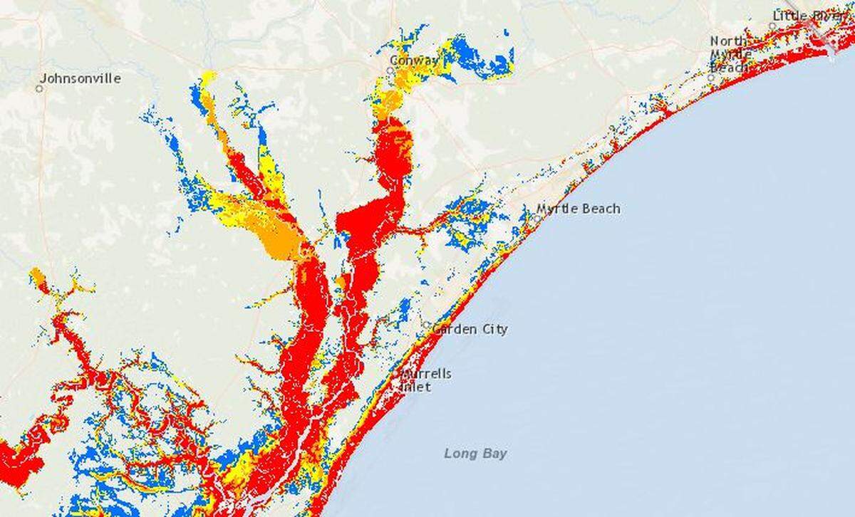 With Hurricane Florence expected to make landfall near Wilmington as a Category 3, many coastal areas will likely be inundated by a storm surge, according to the National Hurricane Center. This map shows what would happen with a direct Category 3 hit in the Myrtle Beach area.