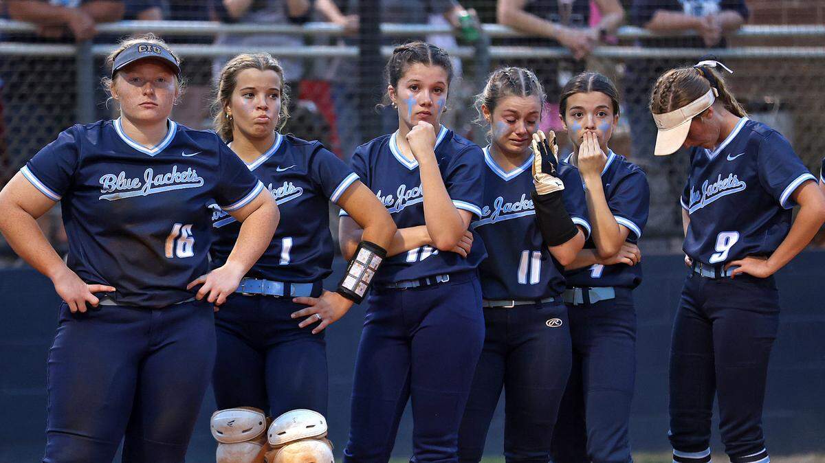 Aynor softball players look on as Belton-Honea Path celebrates its state championship win over the Blue Jackets on Friday, May 24, 2024. The game was played at White Knoll High School in Lexington County.