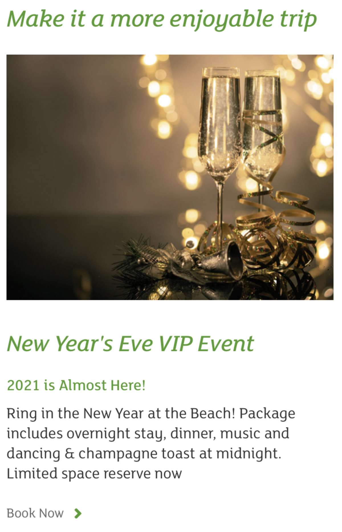 An advertisement for the Holiday Inn Oceanfront’s “New Year’s Eve VIP Event” in Surfside Beach.