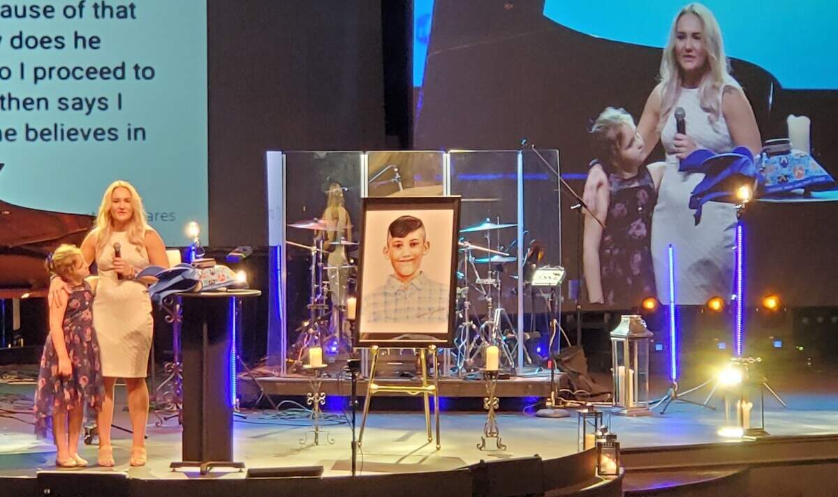 Landen Bullard Hiott, Gannon Stauch’s mom, speaks during a celebration of life at Beach Church. Gannon Stauch’s was orginally from the Loris area and moved to Colorado. His stepmom faces charges in connection to his death. 