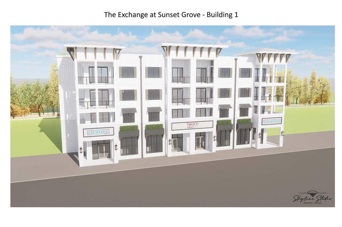 A rendering of one of the Exchange at Sunset Grove buildings. Building on the project is expected to begin in late January or early February 2024.