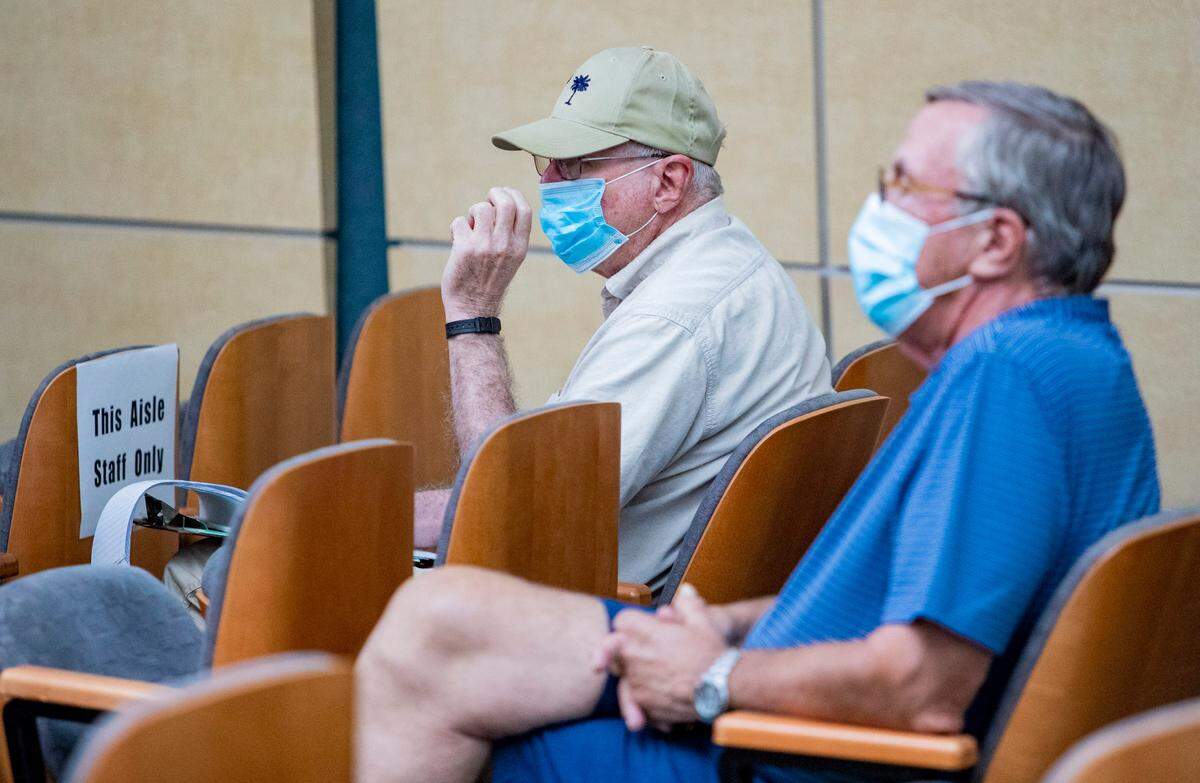 Mask-wearing North Myrtle Beach residents listen during a North Myrtle Beach City Council meeting Tuesday afternoon. North Myrtle Beach, South Carolina becomes the first Horry County city to pass a face mask policy as COVID-19 cases continue rise significantly. The policy will apply to those in retail & food establishments.