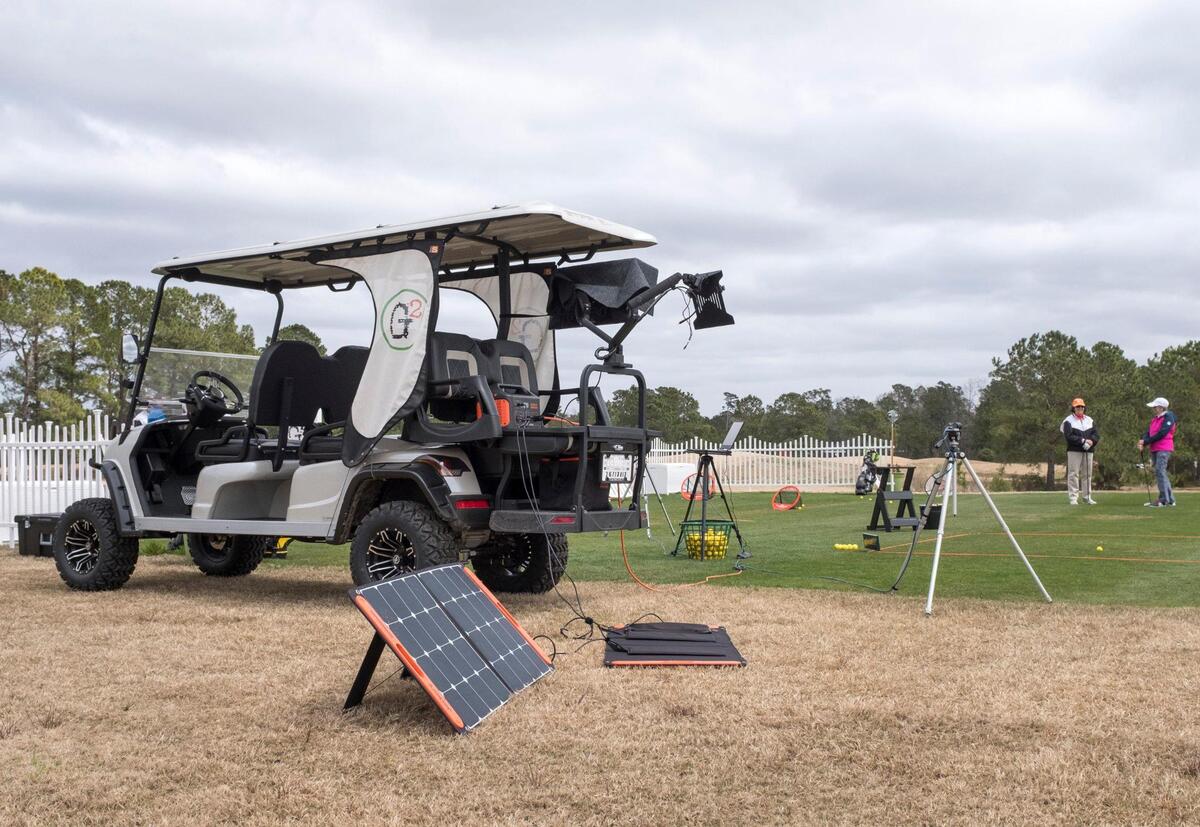 The G2 Golf Group instruction school recently opened on the driving range of Farmstead Golf Links in Calabash, N.C. uses a mobile training lab that uses solar panels to show golfers data on their play. March 22, 2021.