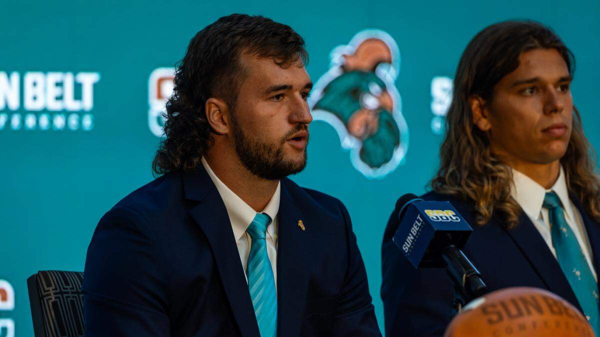 CCU Quarterback Grayson McCall answers questions during the Sun Belt Football Media Days at Sheraton New Orleans on July 26, 2023 in New Orleans, Louisiana. (Photograph by AJ Henderson, Sun Belt Conference)