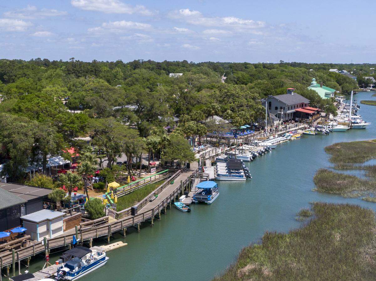 A 2024 aerial image of the Murrells Inlet community and Marshwalk.