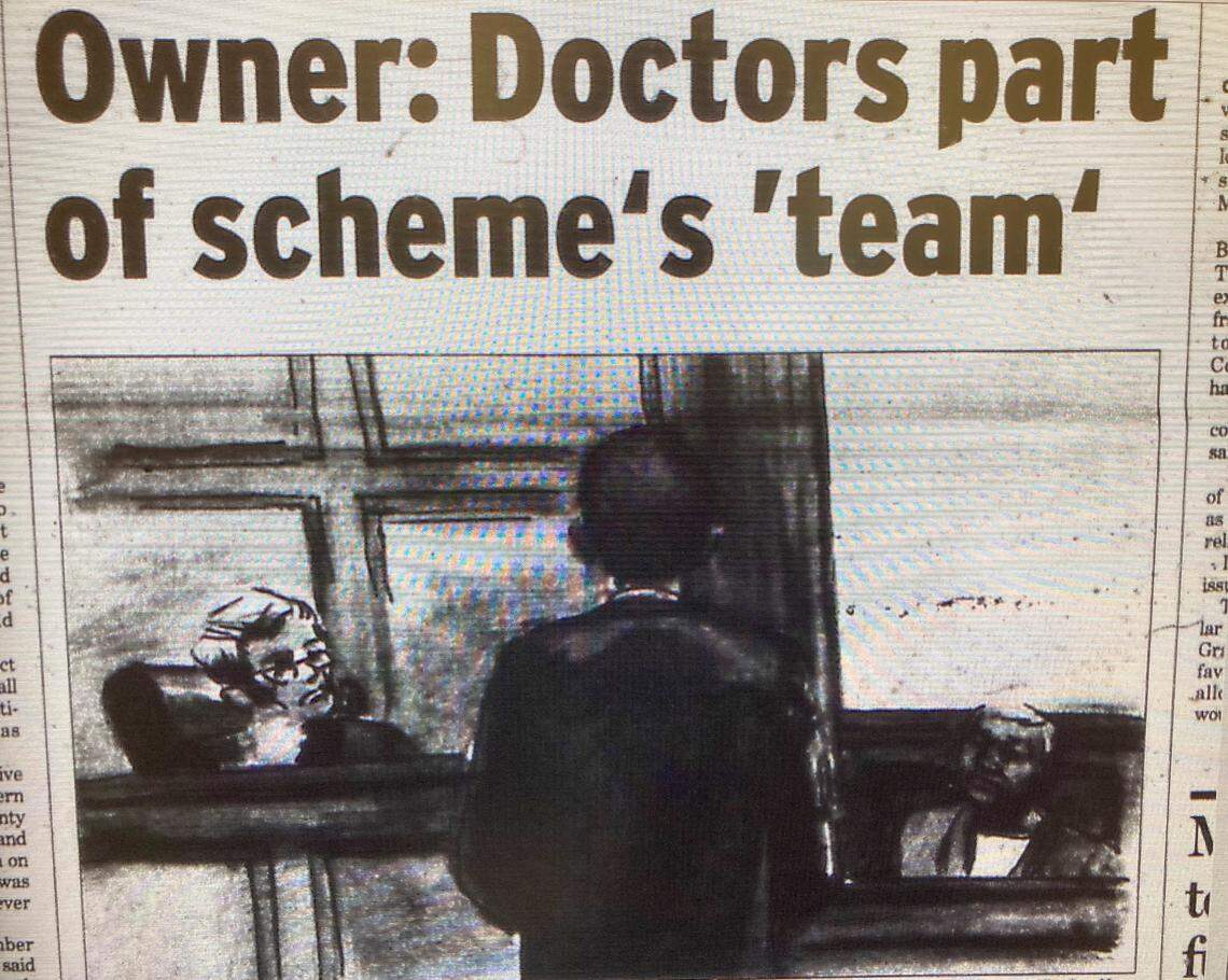 Depicted in a 2002 courtroom sketch, federal court Judge Weston Houck listens to as Assistant U.S. Attorney William “Bill” Day questions former Myrtle Beach pain clinic owner Dr. David Michael Woodward.