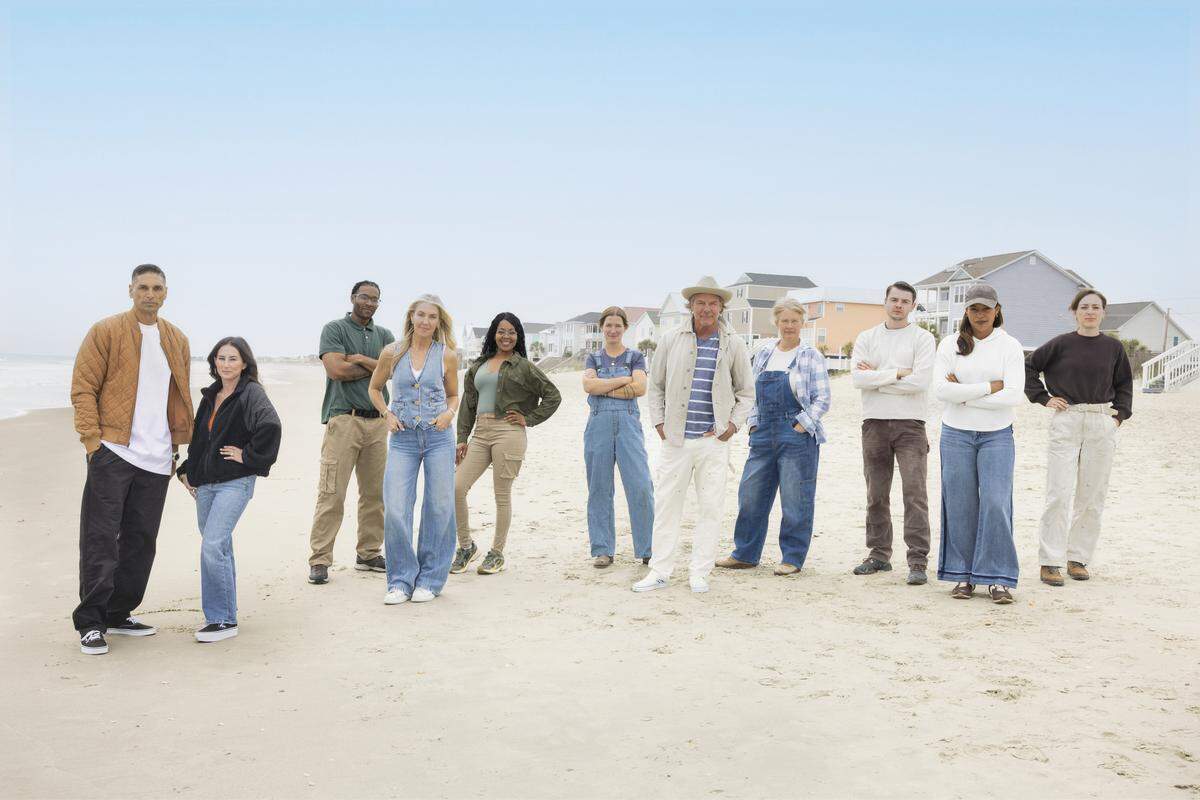 HGTV’s “Battle on the Beach” is set in Garden City, SC, and will premiere June 1, 2026. The seven-episode season stars, from left, Kamohai Kalama, Tristyn Kalama, Steven Jacobs, Sarah Baeumler, Angelina Jacobs, Sydney Lorence, Ty Pennington, Michelle Mueller, Josiah Julian, Mika Kleinschmidtand Anna Julian.