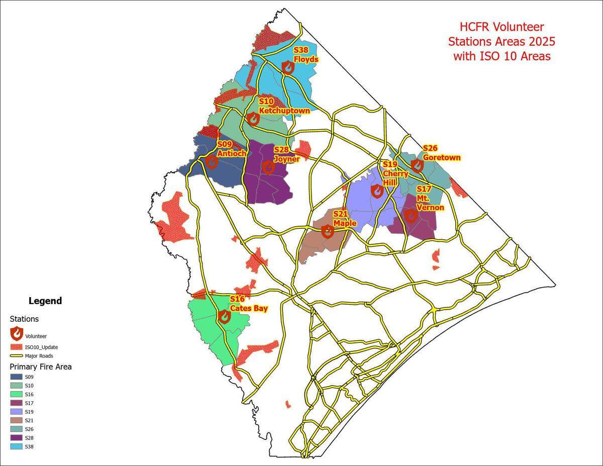 A map shows the areas in unincorporated Horry County serviced by volunteer-staffed fire stations or located more than five miles from a fire station.