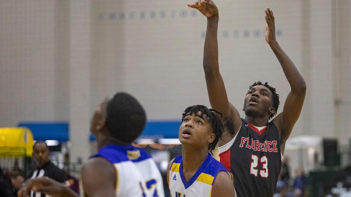 Florence (MS) senior forward Jaylen Forbes takes a shot against North Little Rock (AR) in the 2018 Beach Ball Classic Wednesday at the Myrtle Beach Convention Center.
