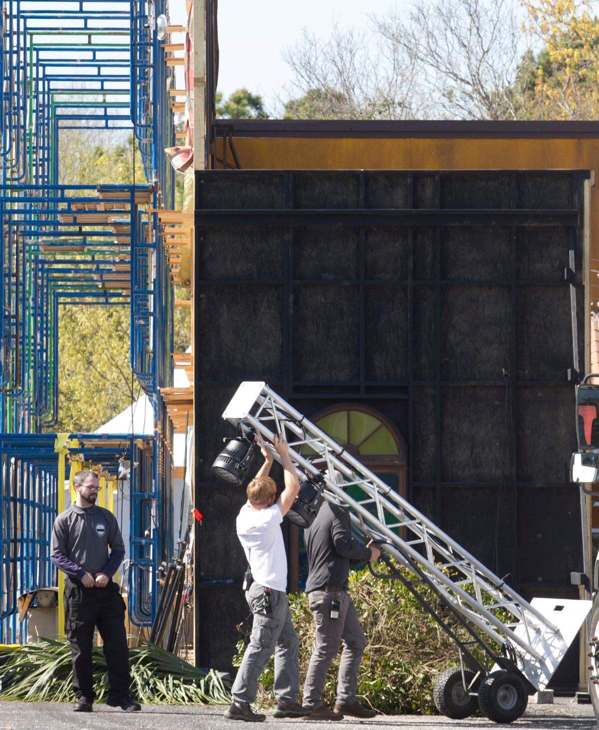 Crews work to build a set for an ABC television show, “For Death of Eva” at the site of the old J.Edward’s restaurant in Myrtle beach.