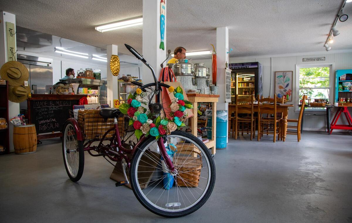 A three-wheel bicycle holds merchandise at the Murrells Inlet General Store.