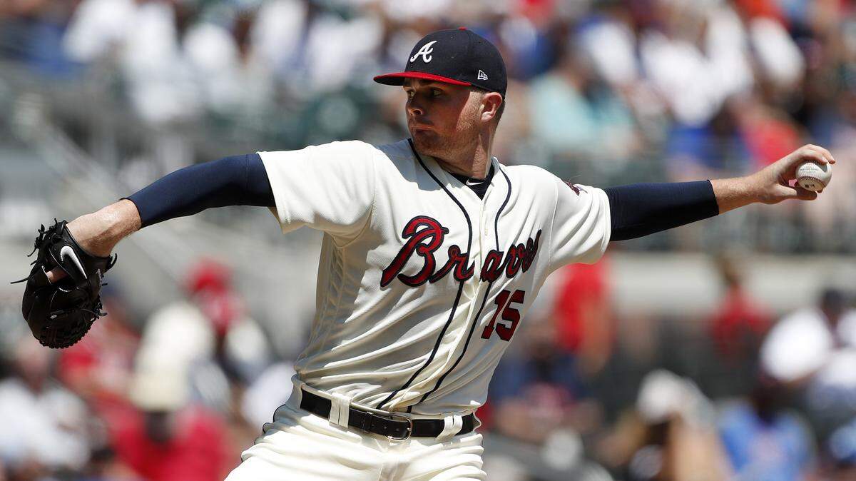 Atlanta Braves starting pitcher Sean Newcomb works in the fifth inning of a baseball game against the Los Angeles Dodgers, Sunday, July 29, 2018 in Atlanta.