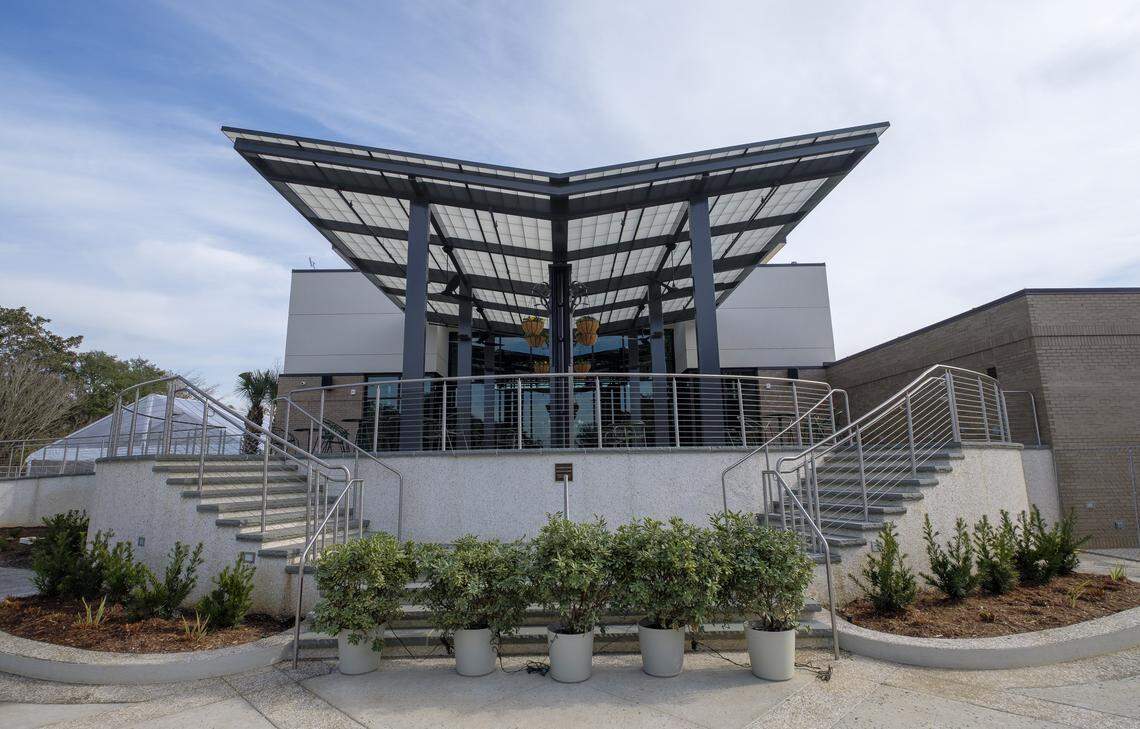 On the back of the Purdy Center, A Kalwall shade above the elevated 9 foot high veranda is shaped like of butterfly wings, meant to pay tribute to Anna Hyatt Huntington’s original design of the formal Gardens in the 1930s. Jan. 8, 2026. 