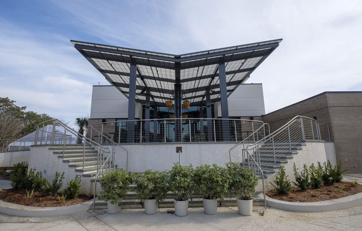 On the back of the Purdy Center, A Kalwall shade above the elevated 9 foot high veranda is shaped like of butterfly wings, meant to pay tribute to Anna Hyatt Huntington’s original design of the formal Gardens in the 1930s. Jan. 8, 2026. 