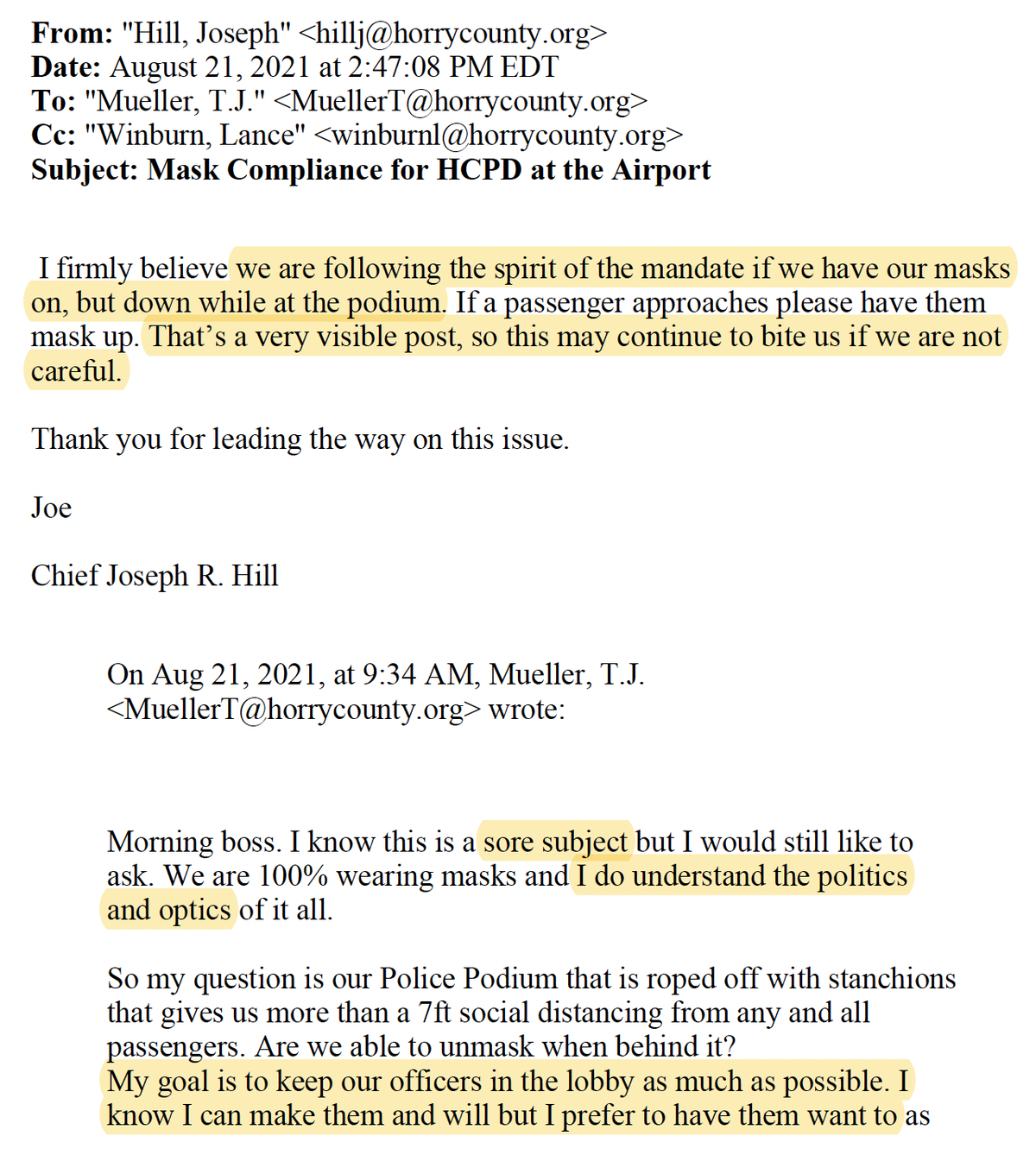 Emails obtained by the Freedom of Information Act show how the Horry County Police Department tried to get around the federal mask mandate Myrtle Beach International Airport.