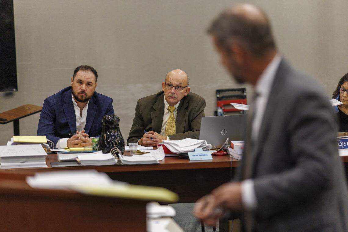 Attorney Mark Tinsley questions the defense’s expert witness as Weldon Boyd, left, and his attorney Kenneth Moss watch. A Stand Your Ground hearing was held for Weldon Boyd, owner of Buoys on the Boulevard, and Kenneth “Bradley” Williams in the shooting death of Scott Spivey. Boyd and Williams have been named in a wrongful death lawsuit by the Spivey family in his shooting death nearly three years ago. 