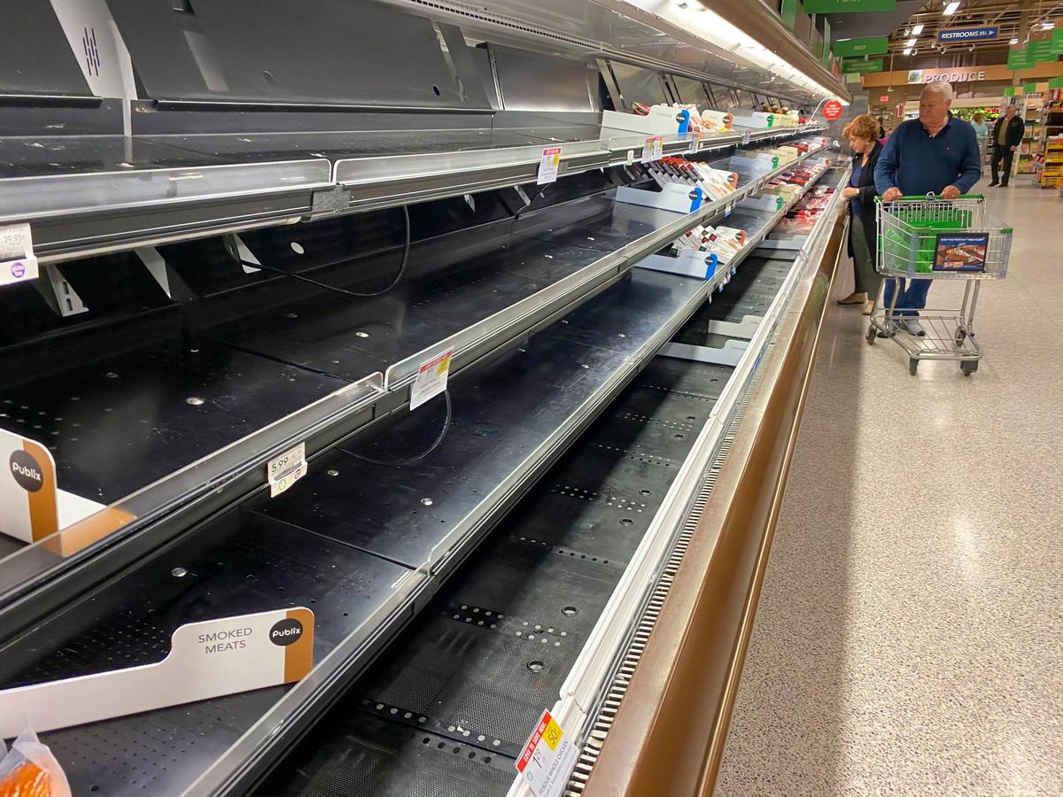 Sections of the meat aisle are bare at the Publix in Myrtle Beach. Stocks are dwindling at many grocery stores around the Myrtle Beach area. Though shipments continue to arrive shoppers are immediately buying out supplies for items such as toilet paper, rice, cleaning supplies, and meats. March 17, 2020.