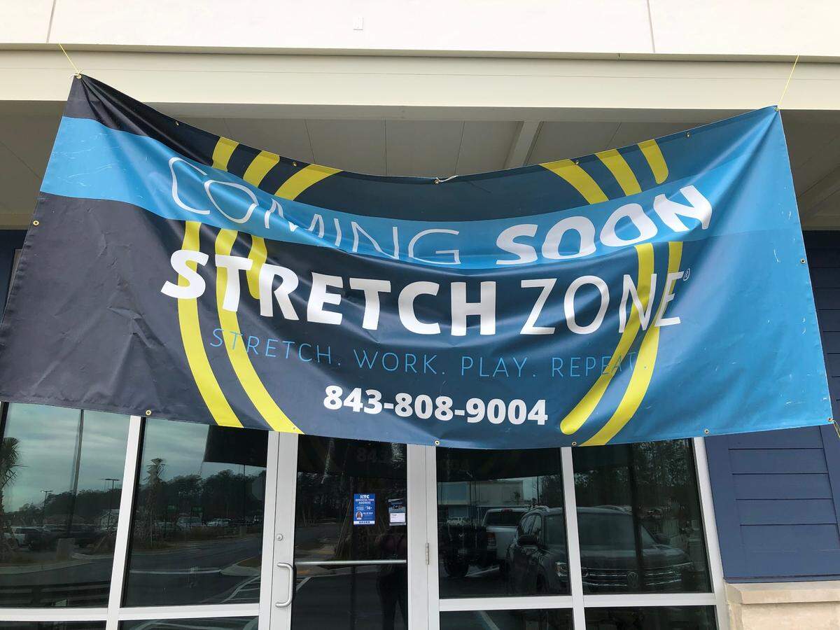 Coming soon sign for Stretch Zone hung in the Coventry Marketplace shopping center, near Market Common and Socastee. This Myrtle Beach-area development, anchored by Publix, will welcome new businesses and restaurants. February 9, 2023.