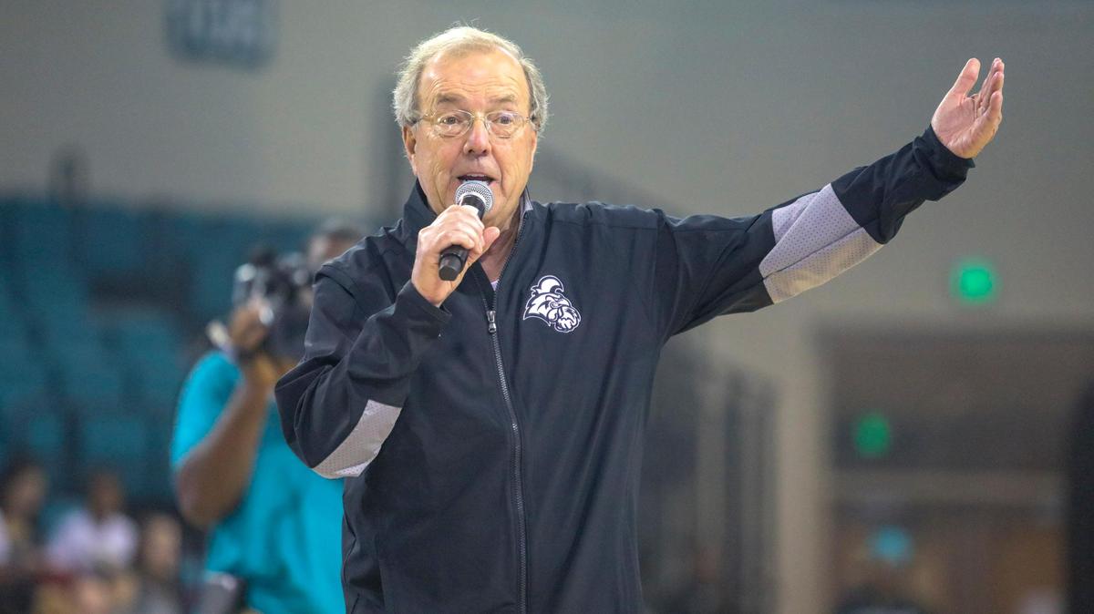 Coastal Carolina head basketball coach Cliff Ellis speaks to the crowd at the start of the 2018 CCU Hoopla event Thursday at the HTC Center in Conway.