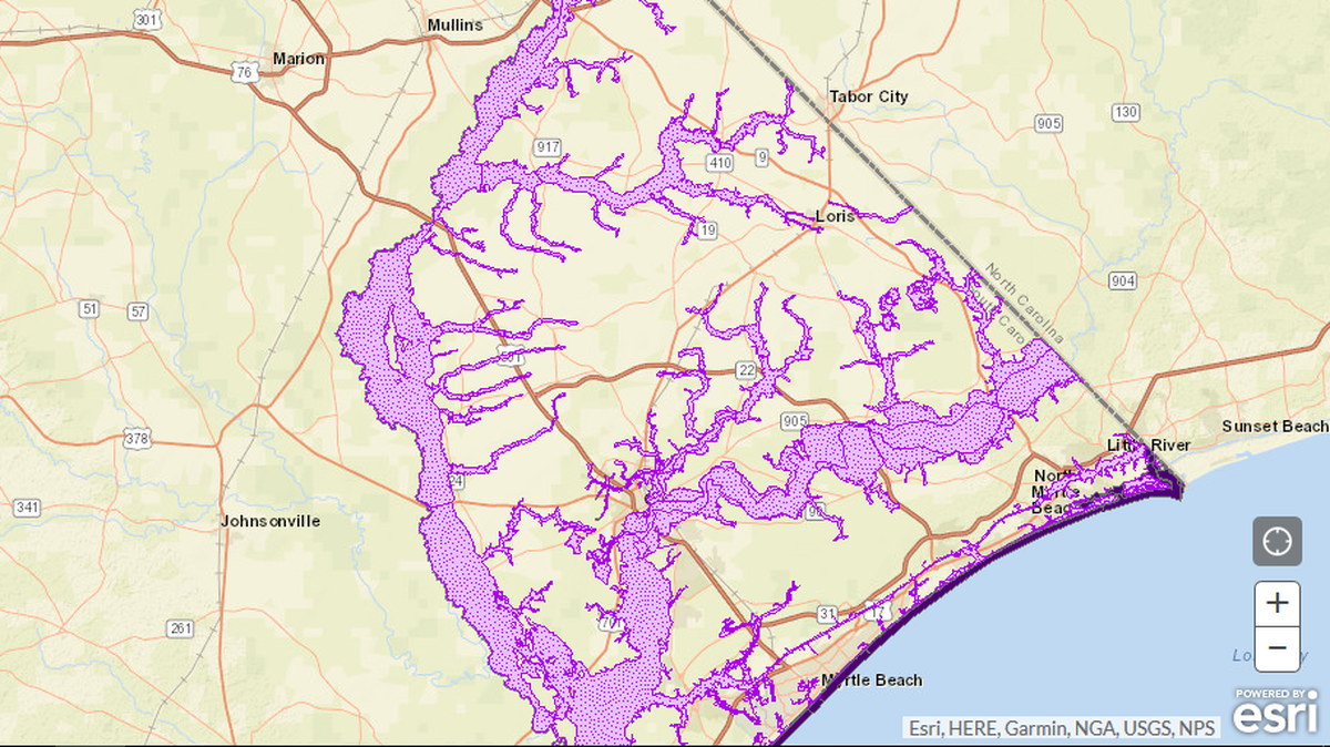 A screenshot of the flood zones in Horry County.