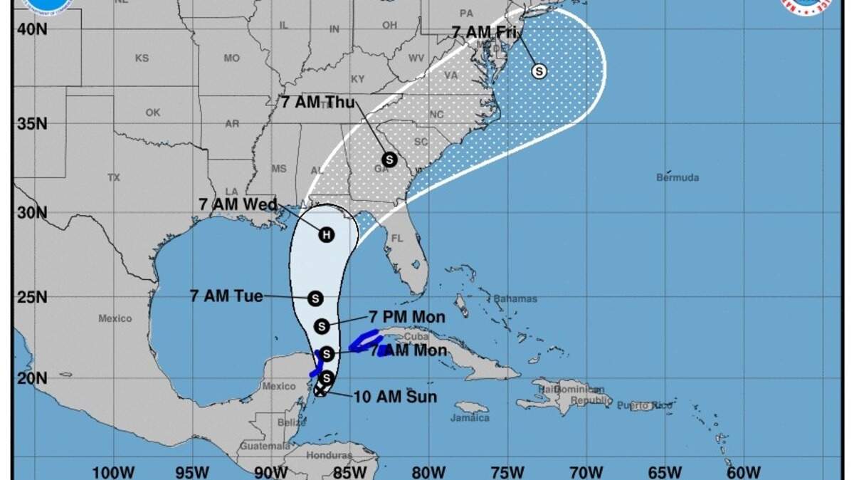 A National Hurricane Center projected path for tropical cyclone 14, which is forecast to become a tropical storm Sunday.