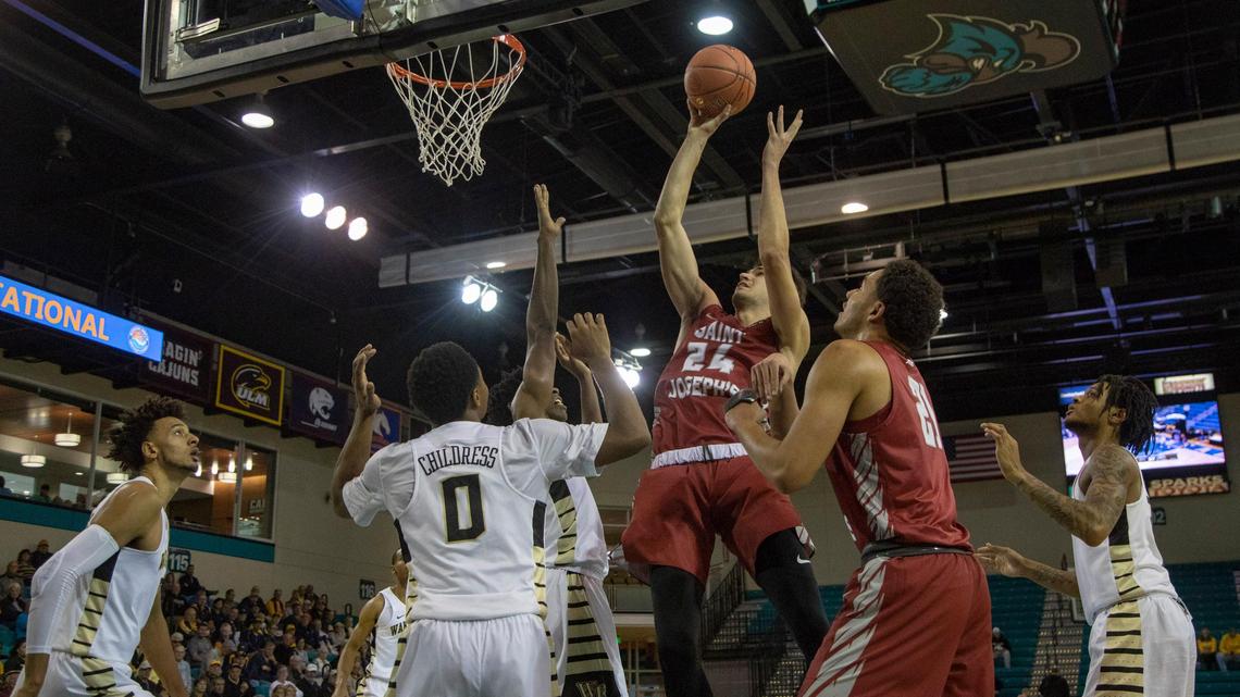 Saint Joseph’s junior forward Pierfrancesco Oliva goes up for a shot against Wake Forest in November 2018 at the HTC Center in Conway during the inaugural Myrtle Beach Invitational.