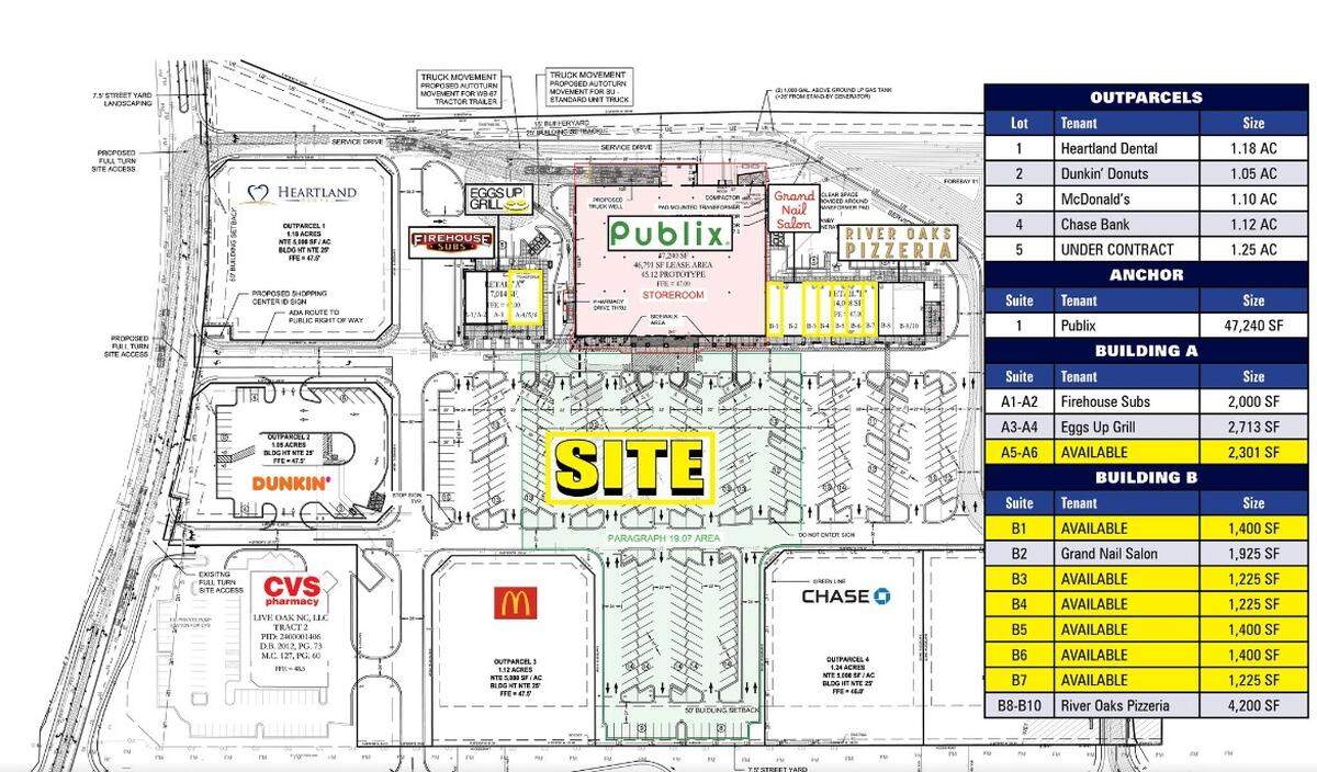 A site map of Calabash Commons in Carolina Shores, North Carolina, near Calabash and about a mile from the Horry County, SC, line, shows businesses that will be in the plaza, including a Publix, River Oaks Pizzeria, Eggs Up Grill and Firehouse Subs.