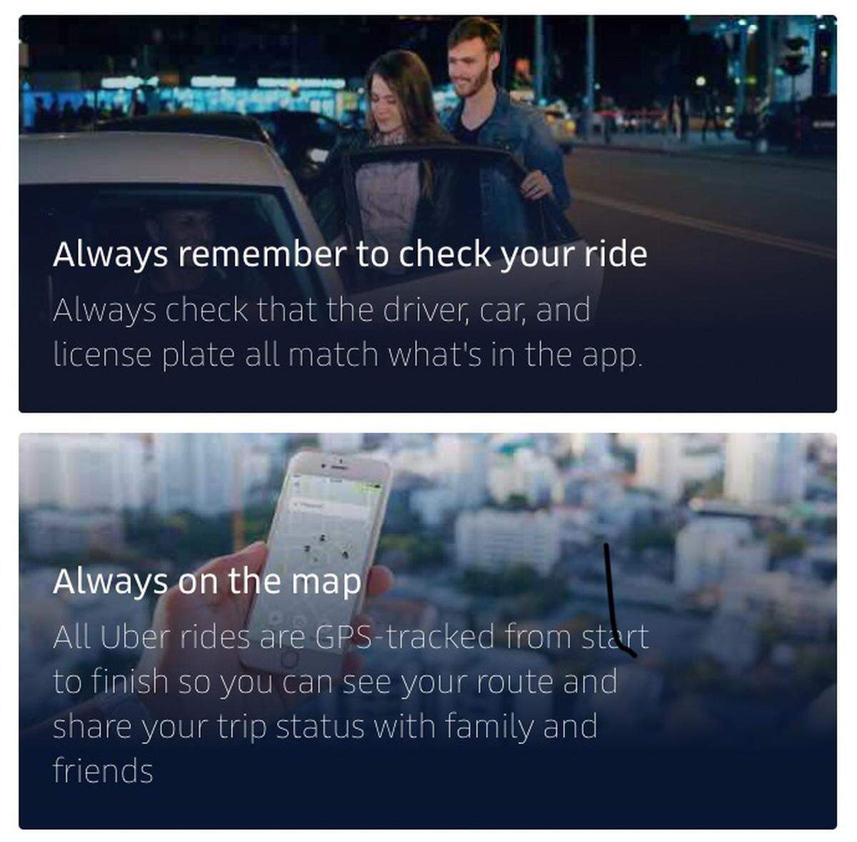 A screenshot of Uber safety tips in their app