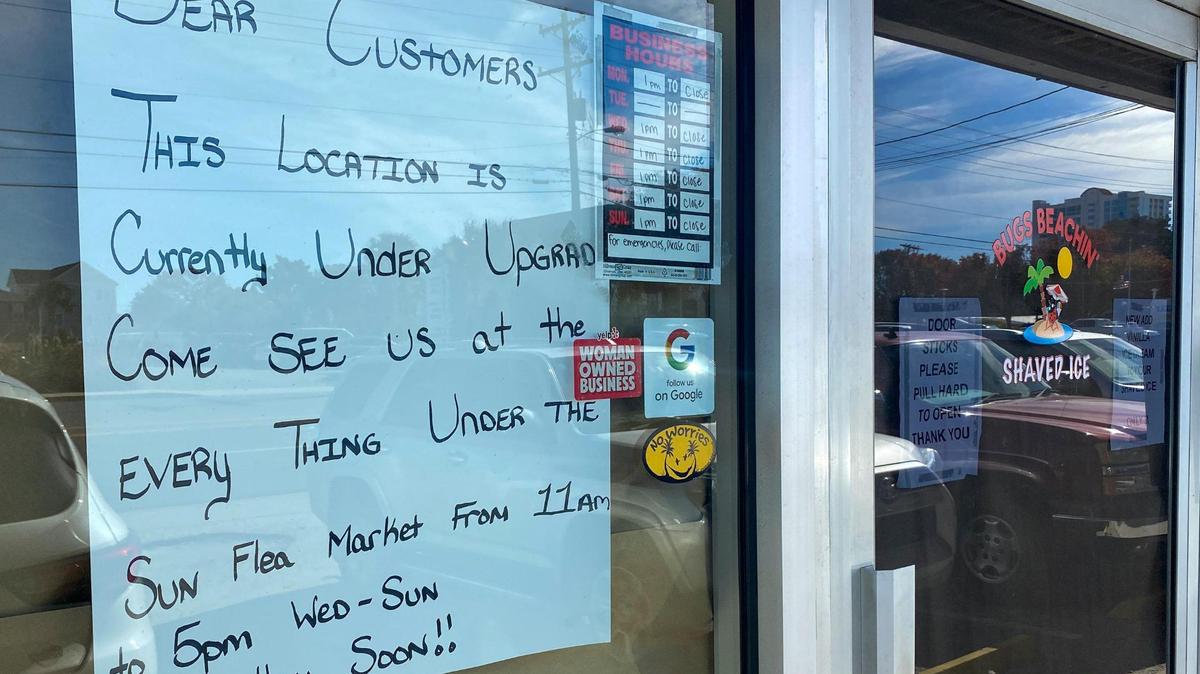 Bugs Beachin’ Shaved Ice on Sea Mountain Highway in North Myrtle Beach is permanently closing according to a post on the business’ Facebook page. Signs on the business said they were temporarily moving to the Everything Under the Sun Flea Market. Nov. 19, 2021.