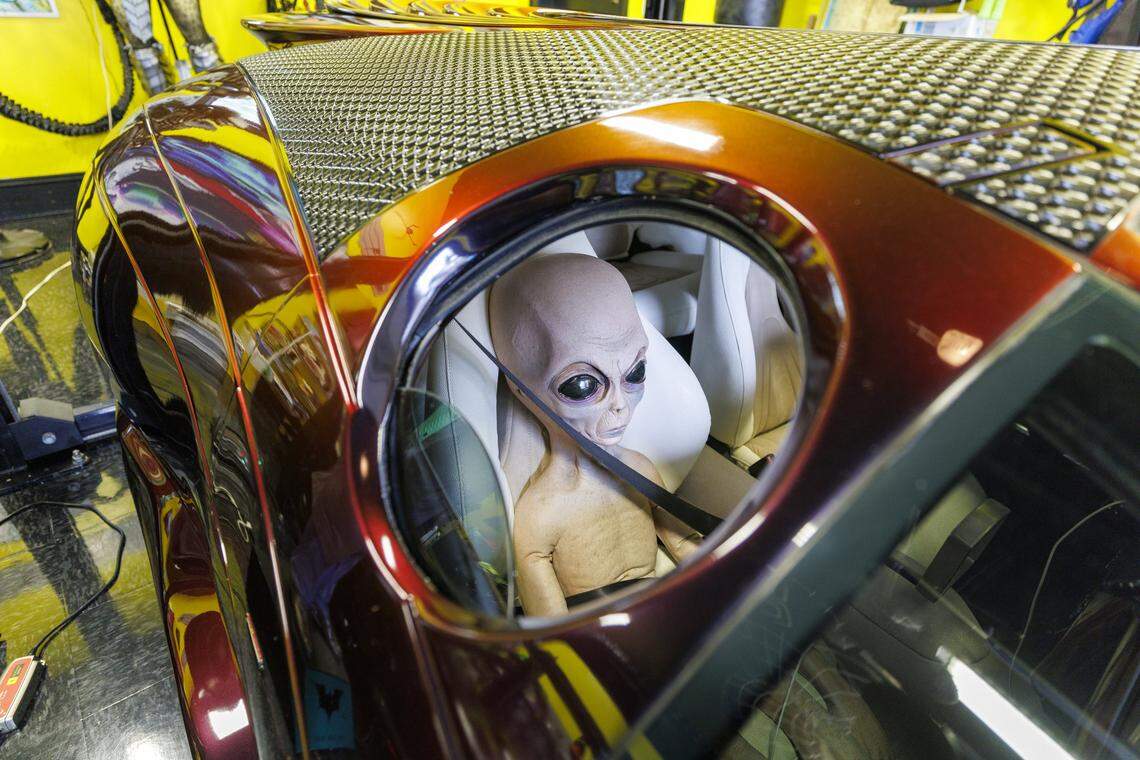 Alan Jones' Extra Terrestrial Vehicle will appear in the new John Travolta movie, "Cash Out 3." The Myrtle Beach man collects vehicles, and this car, one of only eight in the world made by Mike Vetter, was sought out by the production company to be part of the new film. His passenger, Timmy, the alien, can often been seen as Jones drives the vehicle around the city.. Aug. 7, 2025.