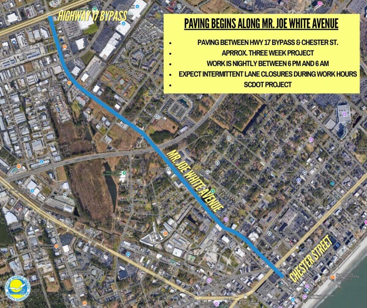 The city of Myrtle Beach announced paving will take place along Mr. Joe White Avenue, causing lanes to be closed at certain times each night for three weeks.