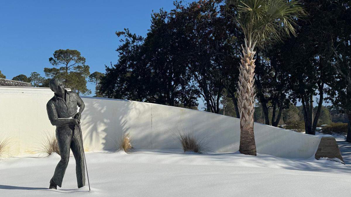 A statute of Arnold Palmer at Myrtle Beach National Golf Course following the winter storm hit the Myrtle Beach area in January 2025. The snowfall closed many Myrtle Beach area golf courses, even pausing irrigation work at Myrtle Beach National. However, golf operators said the snowfall helped the courses due to a dry winter.